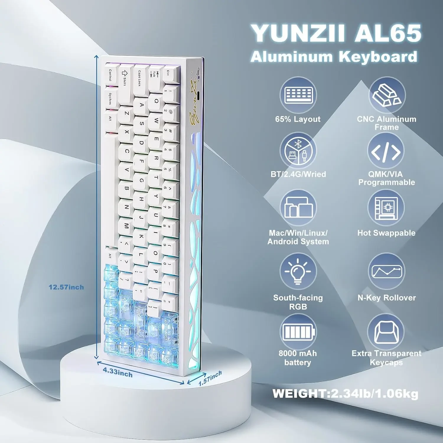 Yunzii AL65 Wireless Mechanical Keyboard, Full Aluminum CNC, Support QMK/VIA Software Gasket Structure, 60% Hot Swappable with RGB Backlit BT/2.4G/USB-C for Mac/Windows (White, Gateron Zero) - Image 2