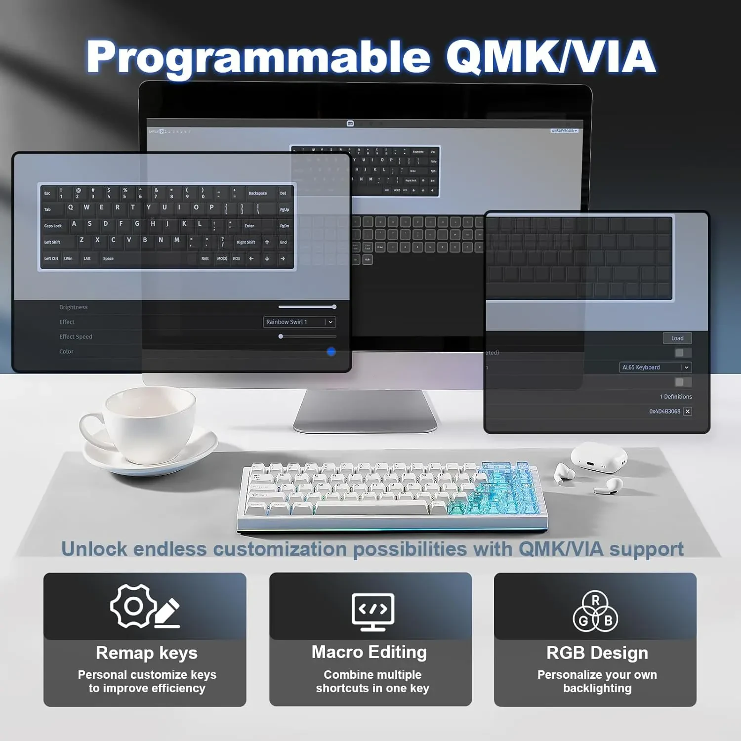 Yunzii AL65 Wireless Mechanical Keyboard, Full Aluminum CNC, Support QMK/VIA Software Gasket Structure, 60% Hot Swappable with RGB Backlit BT/2.4G/USB-C for Mac/Windows (White, Gateron Zero) - Image 6