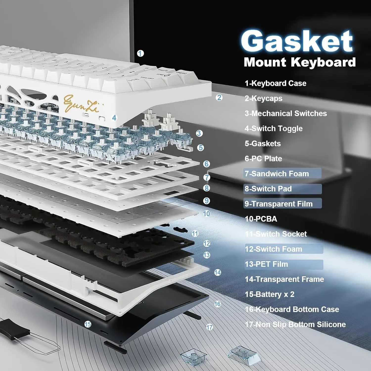 Yunzii AL65 Wireless Mechanical Keyboard, Full Aluminum CNC, Support QMK/VIA Software Gasket Structure, 60% Hot Swappable with RGB Backlit BT/2.4G/USB-C for Mac/Windows (White, Gateron Zero) - Image 7