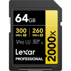 Lexar Professional 2000x 64GB SD Card, UHS-II, C10, U3, V90, Full HD, 8K, Up To 300MB/s Read SDXC Memory Card, for DSLR, Cinema-Quality Video Cameras