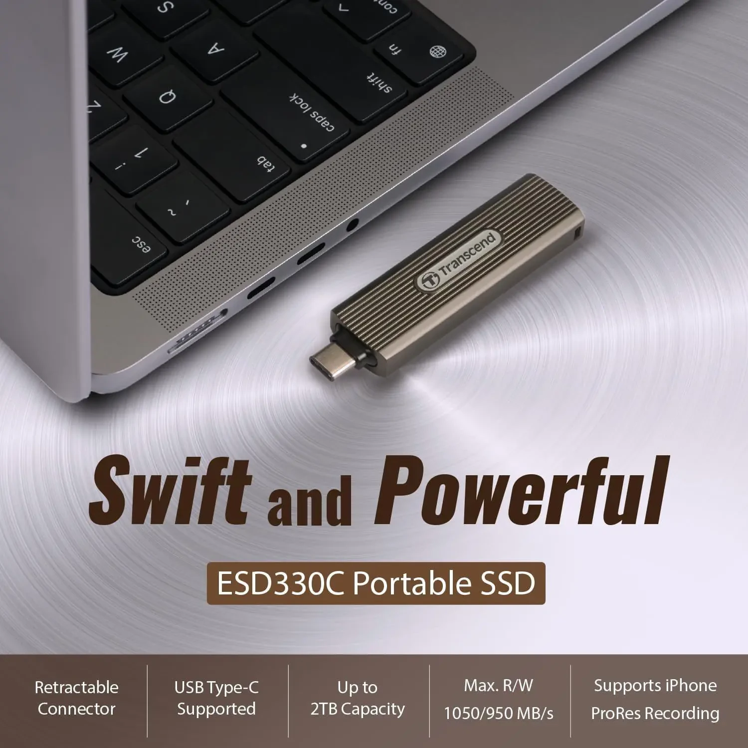 Transcend ESD330C 2TB External SSD, USB 3.2 Gen2, Up to 1,050MB/s, Portable SSD with Type C, Retractable Connector Metal Case, for Gaming Console, iPhone, iPad, Android, Smart TV, Bronze - Image 3