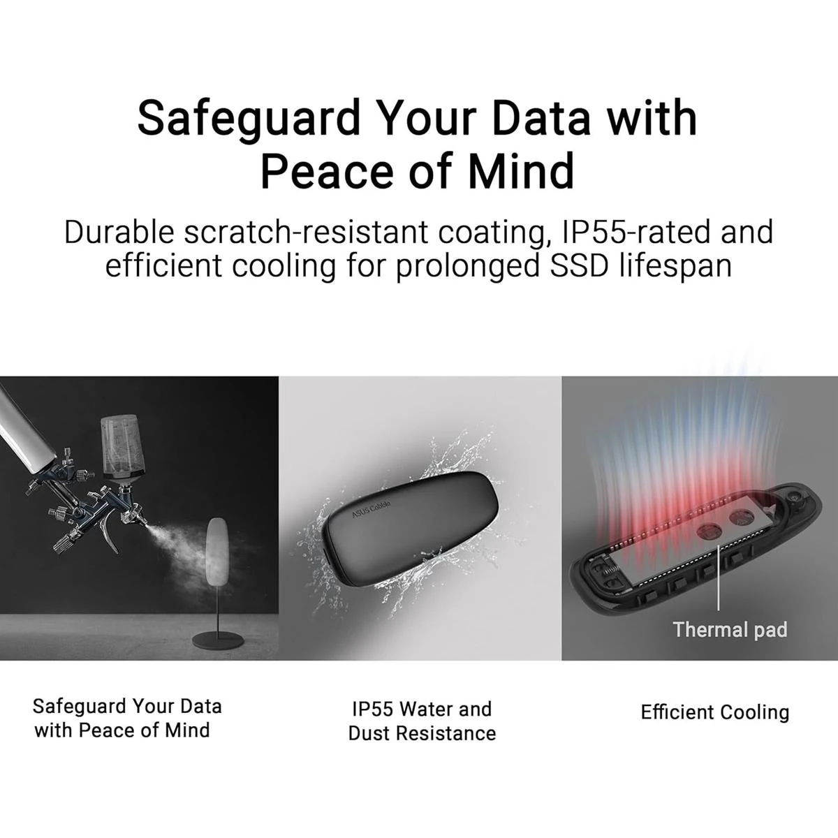 Asus Cobble USB-C 3.2 Gen 2x1 SSD Enclosure (up to 10 Gbps Transmission, Dual M.2 NVMe PCIe and SATA Interfaces, M.2 Q-Latch, IP55 Water and Dust Protection, Windows, macOS) Black - Image 3