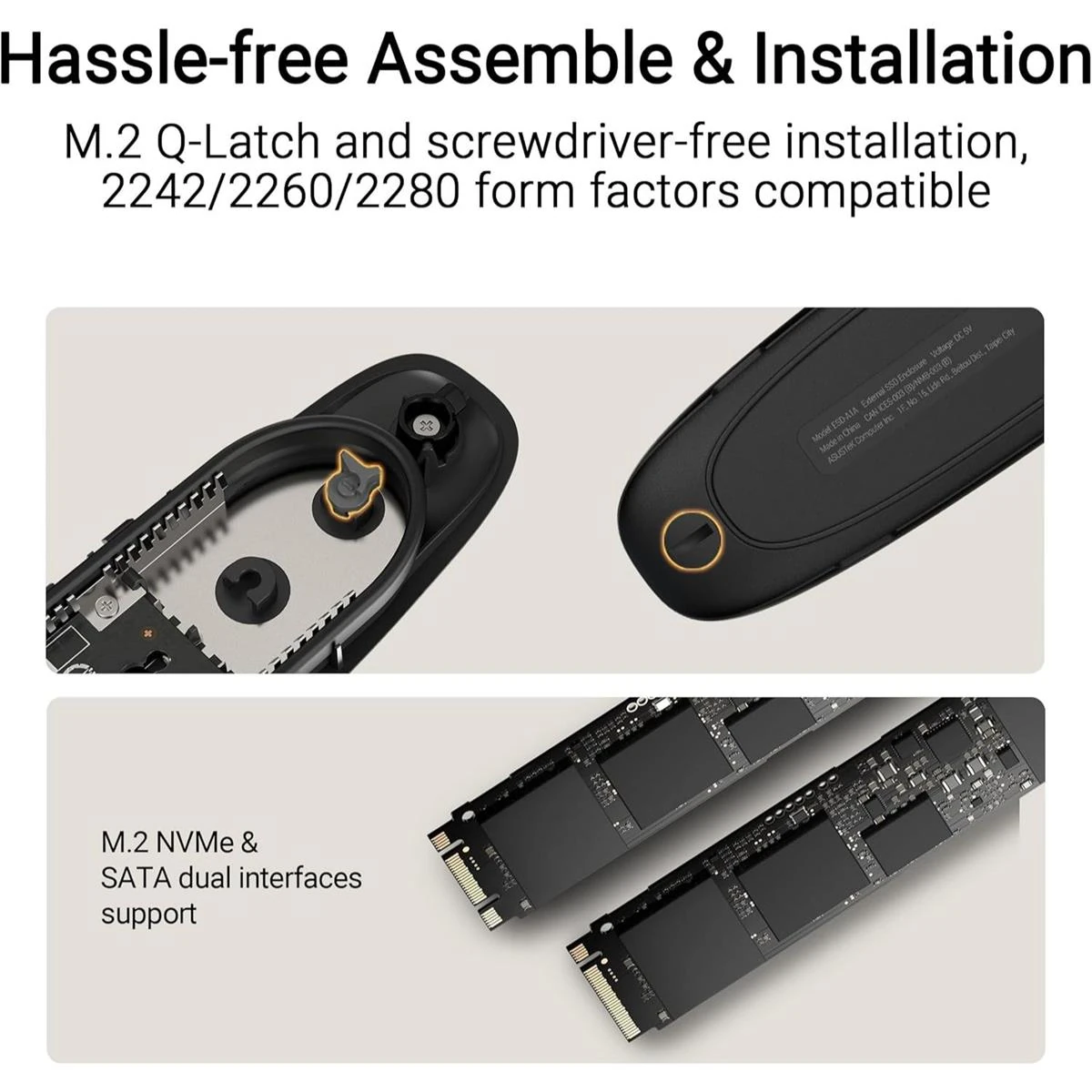 Asus Cobble USB-C 3.2 Gen 2x1 SSD Enclosure (up to 10 Gbps Transmission, Dual M.2 NVMe PCIe and SATA Interfaces, M.2 Q-Latch, IP55 Water and Dust Protection, Windows, macOS) Black - Image 4